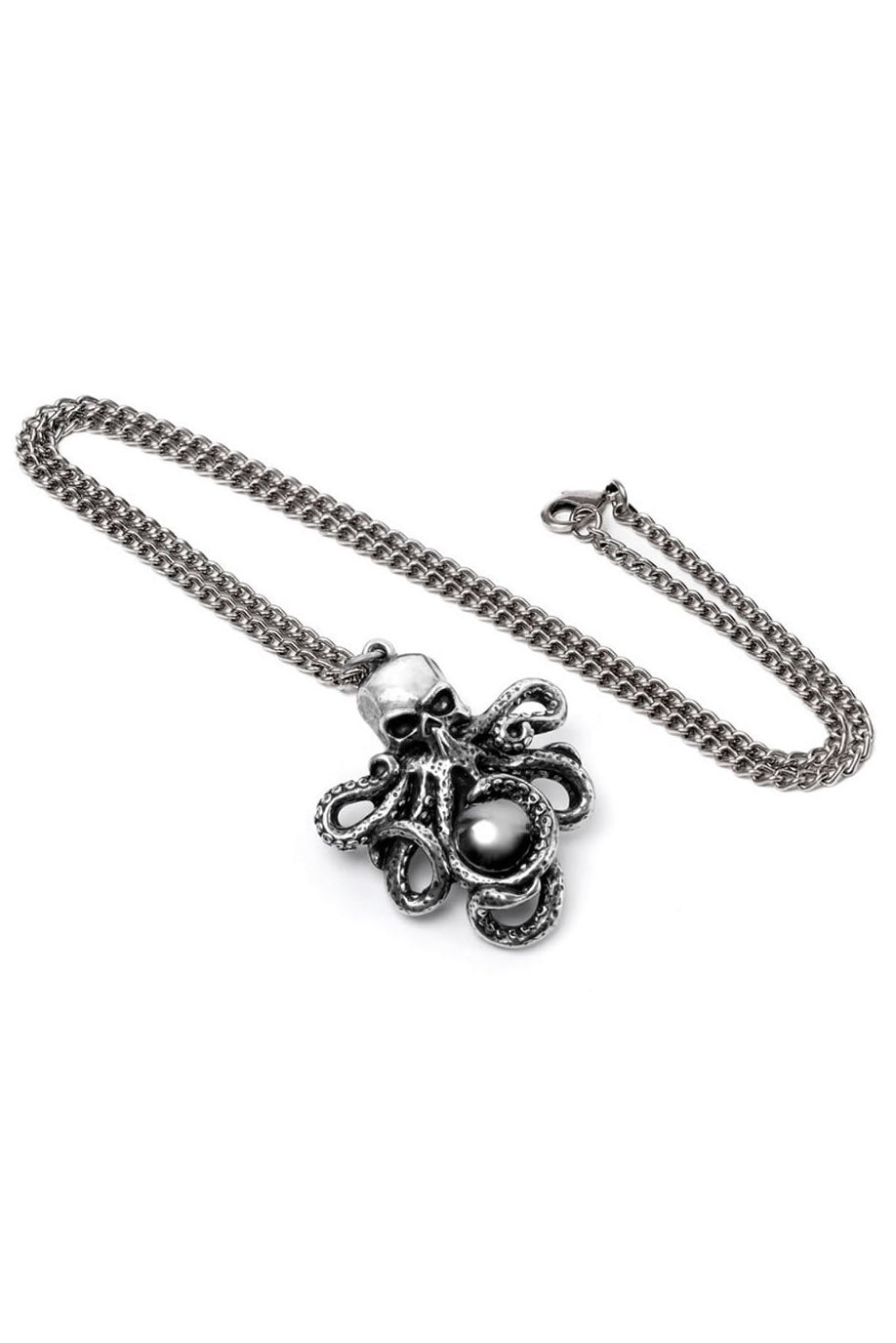 Silver octopus pendant on a chain against a white background