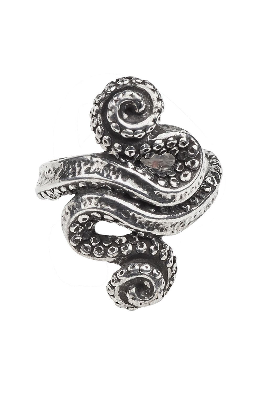 Silver octopus-shaped ring on a white background