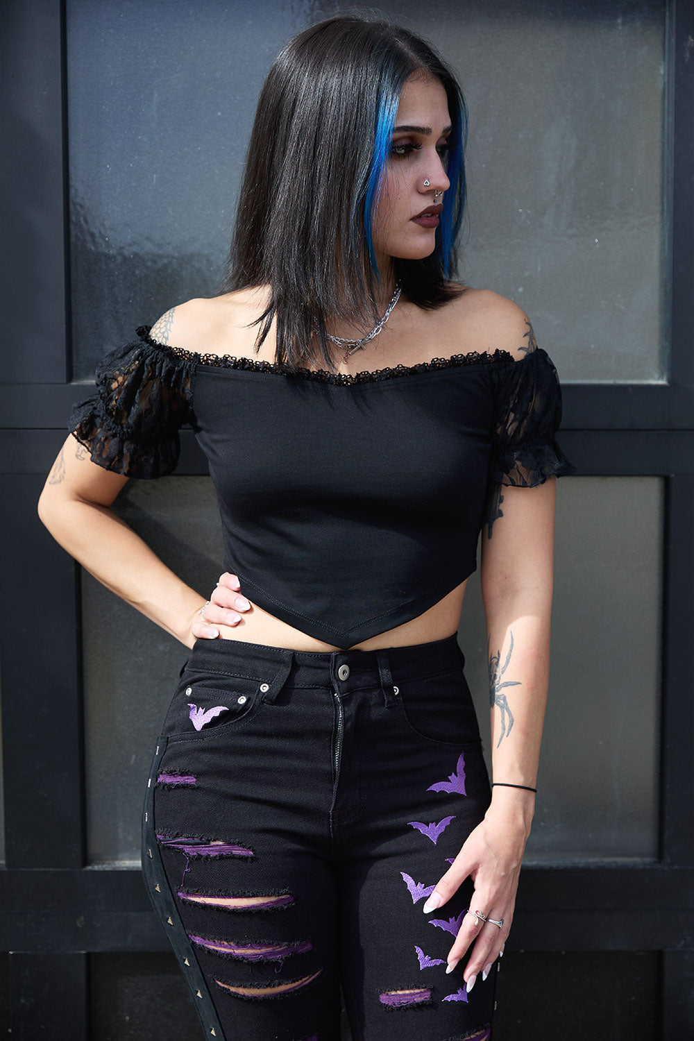 Punk grunge off shoulder womens v waistline black crop top
