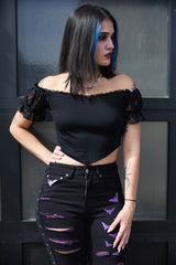Punk grunge off shoulder womens v waistline black crop top