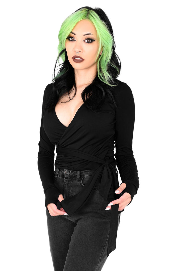womens black wrap top with thumbholes
