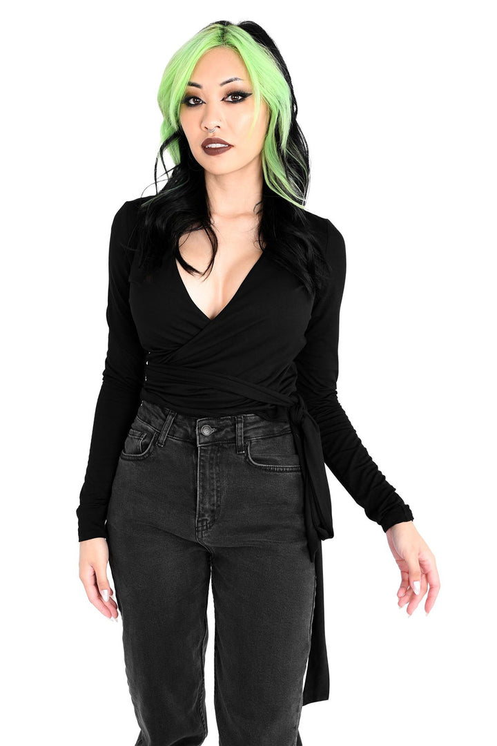 womens black wrap top
