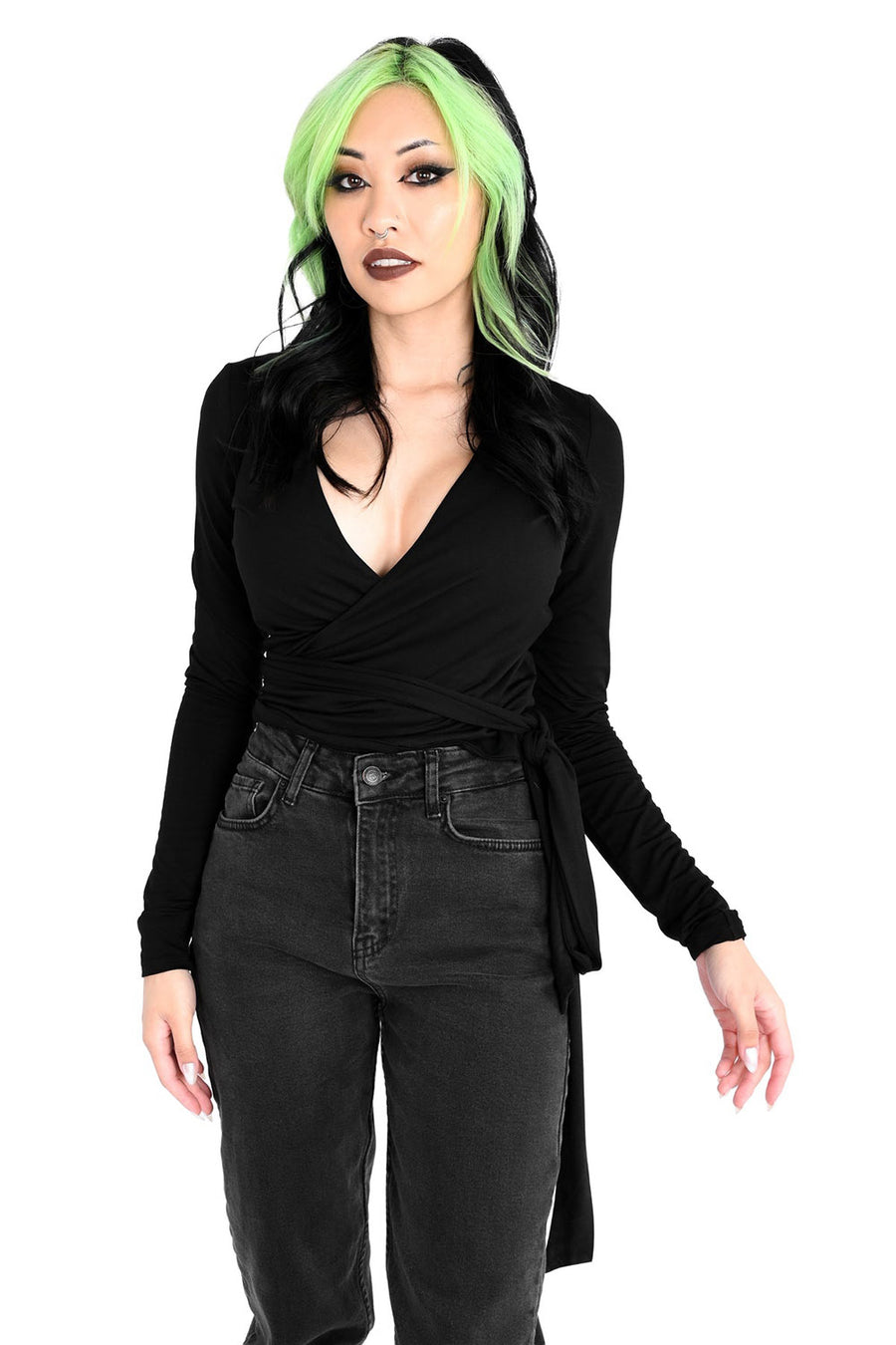 womens black wrap top
