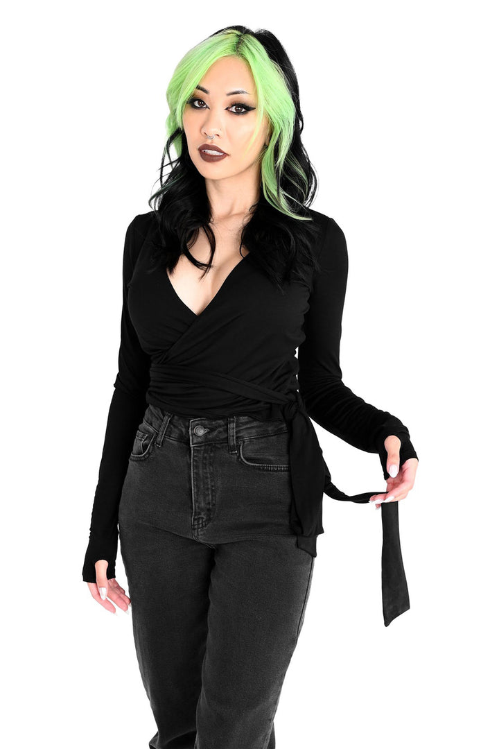 womens black wrap top with thumbhole cutouts