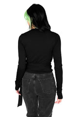 womens black wrap top with thumbholes and side ties
