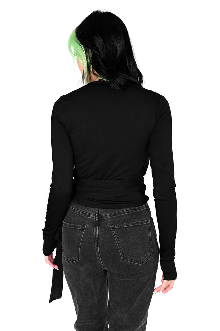 womens black wrap top with thumbholes and side ties