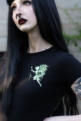 Black cotton shirt with green fairy graphic