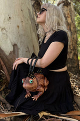 whimsical brown toad frog handbag with adjustable strap by windy willow