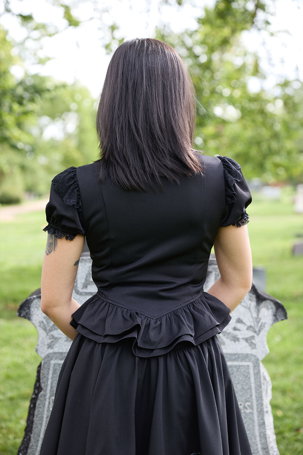 steampunk vintage goth short sleeve top with ruffle waist 
