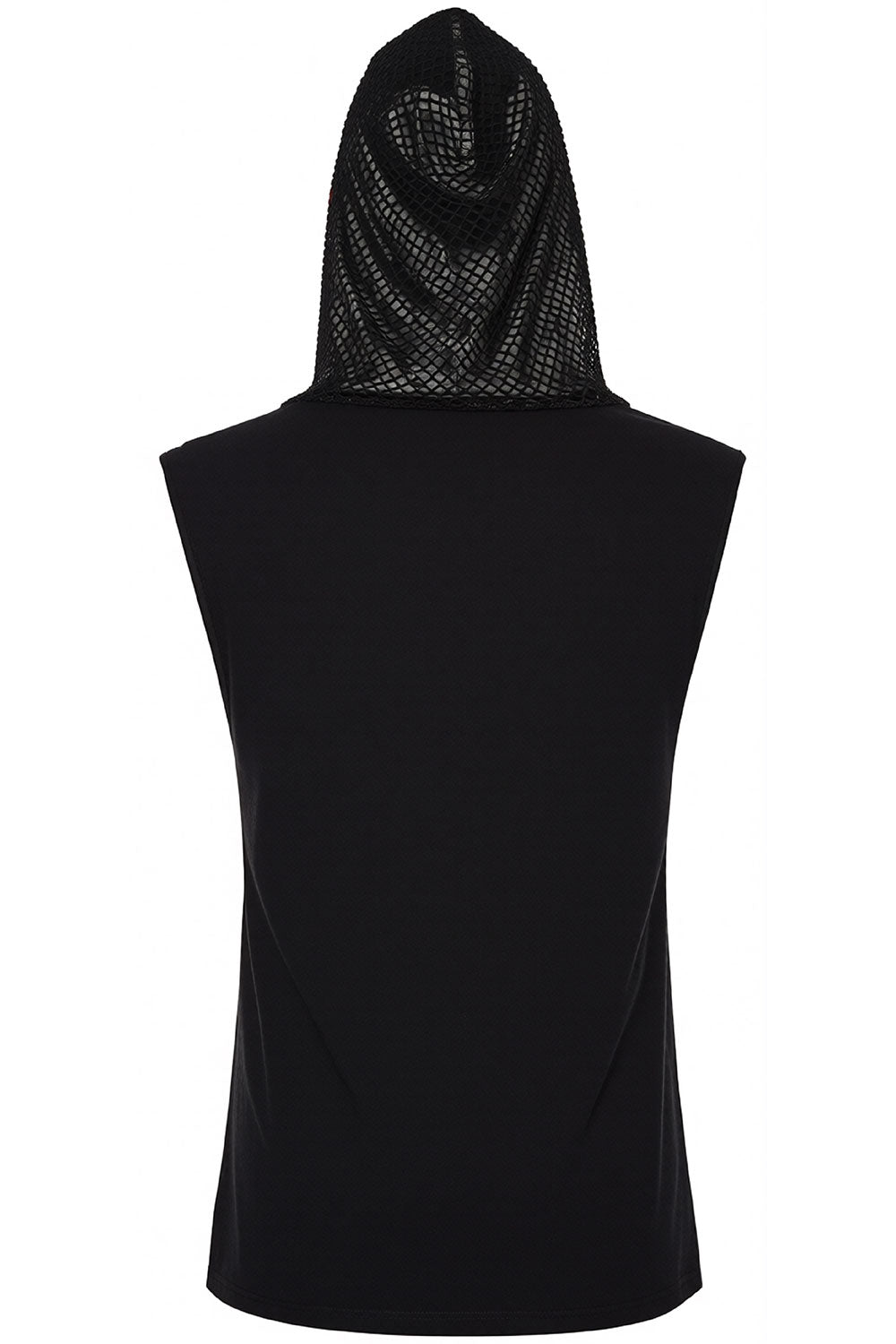 back view of black vest with lace up front detail and mesh hood