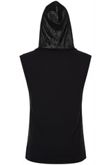 back view of black vest with lace up front detail and mesh hood