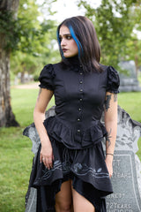 VampireFreaks goth punk grunge womens black button down top with puff sleeves