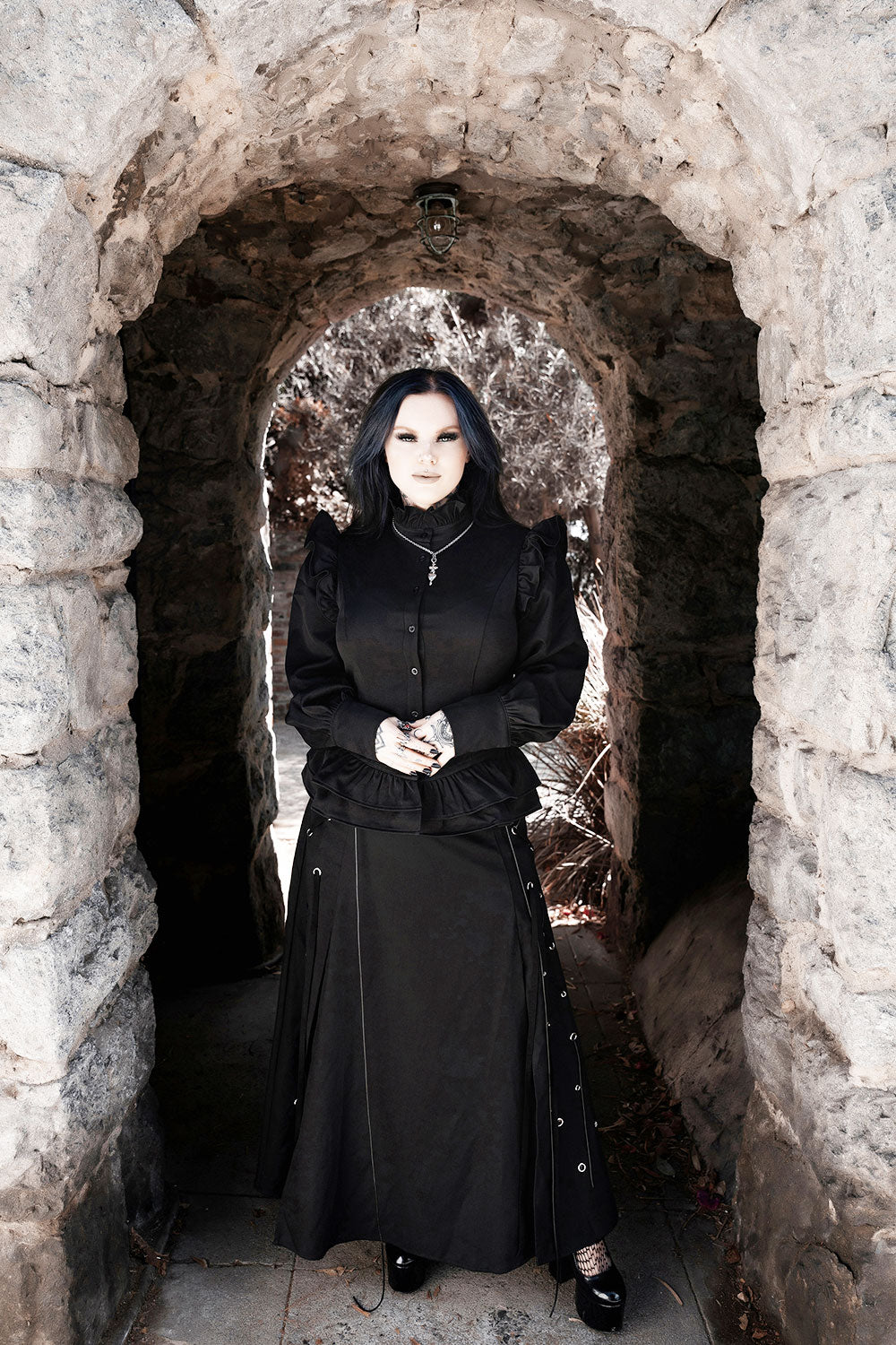 dark vampire goth victorian blouse and ruffled shoulders