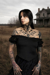 black lace off-the-shoulder top with princess v-shaped hem
