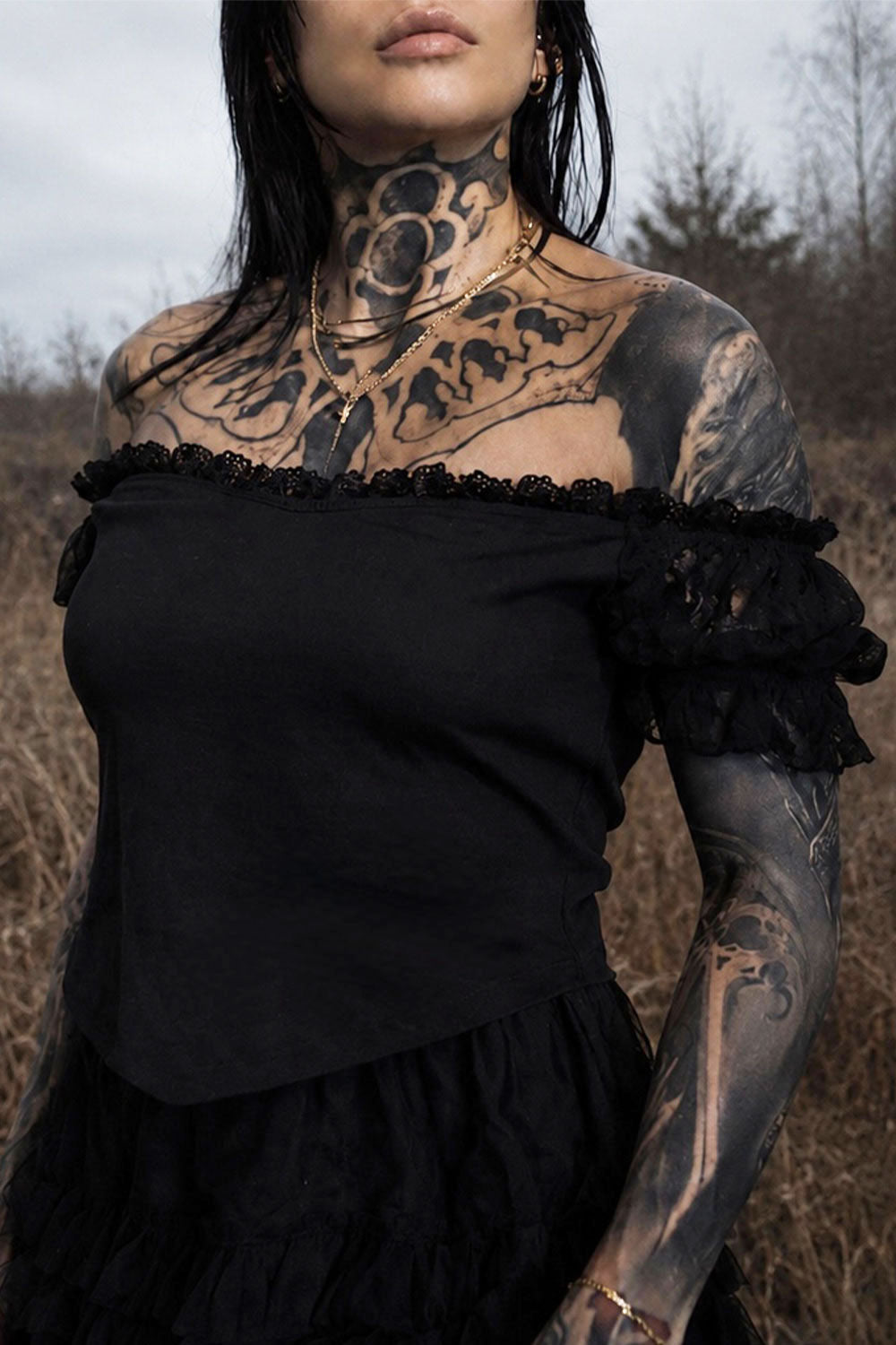 casual romantic Victorian goth black lace off-the-shoulder top