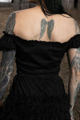 casual romantic Victorian goth black lace off-the-shoulder top with v-shaped hemline