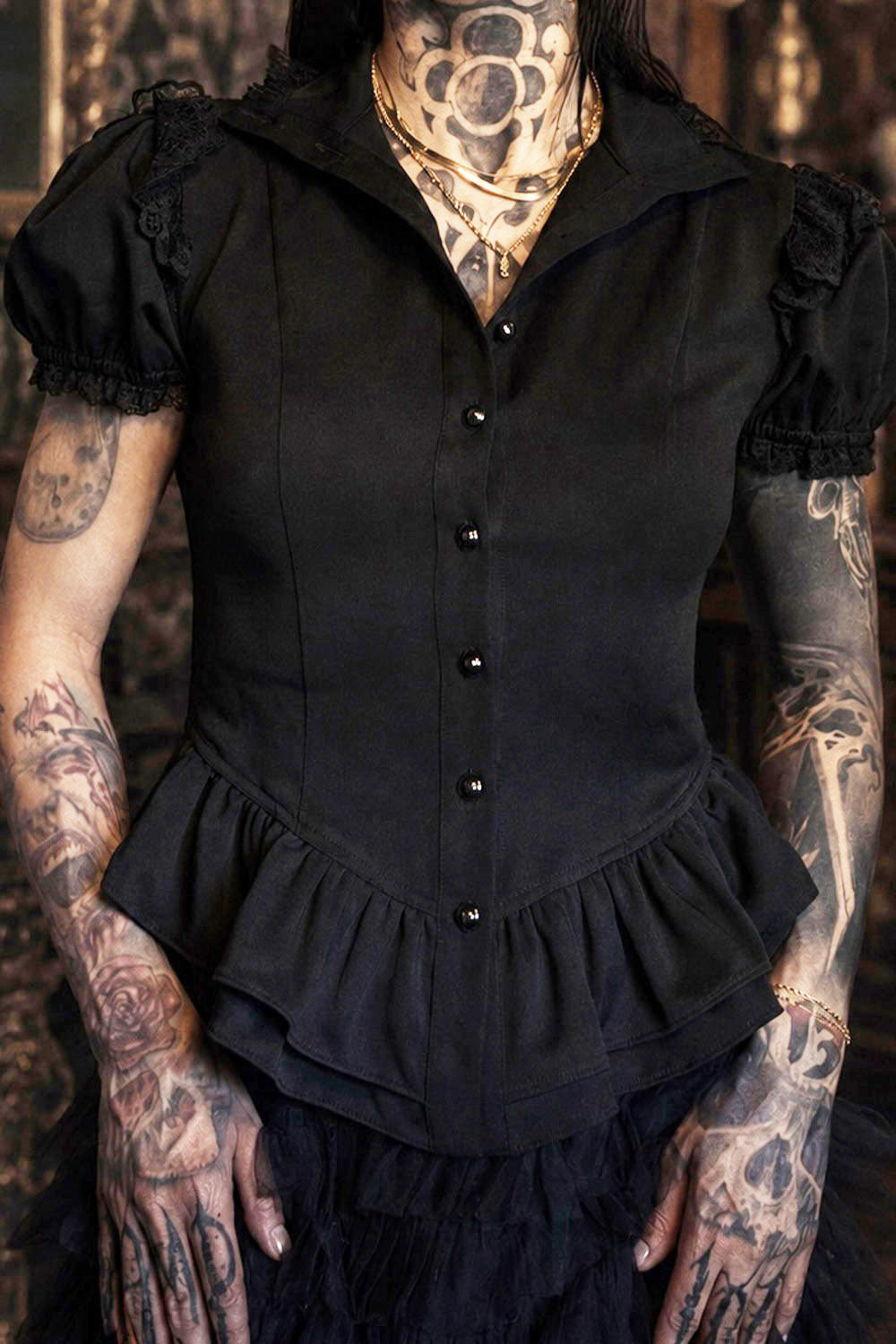 high collar button-down puff sleeve victorian blouse