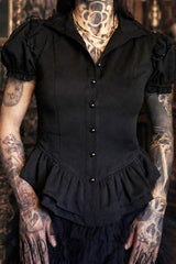 high collar button-down puff sleeve victorian blouse