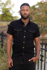 Mens gothic eyelet shirt with studded details for emo fashion lovers punk inspired outfits and dark alternative clothing