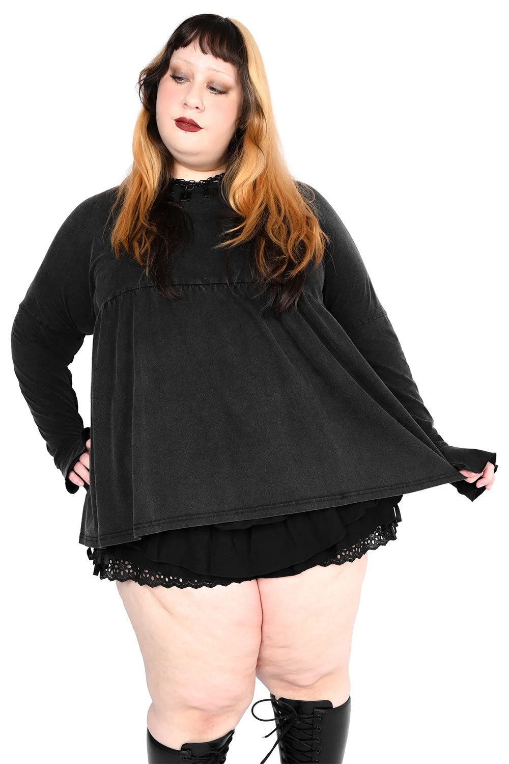goth long sleeve baby doll top in mineral wash black from Foxblood