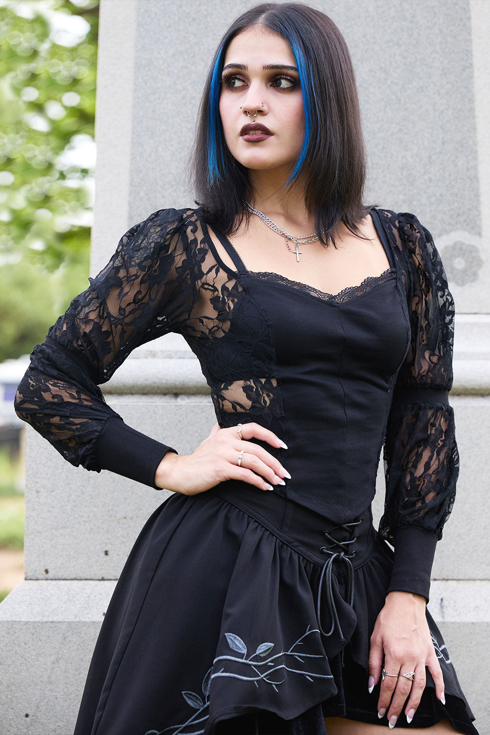 Black chiffon lace womens top with V cut princess hem