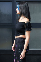 ladies cold shoulder top with v hem and lace sleeves