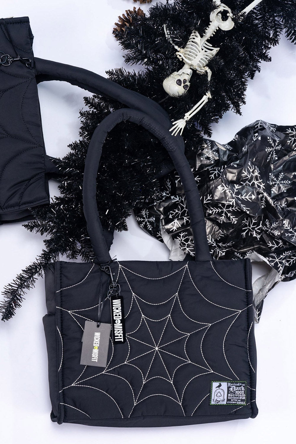 black embroidered spiderweb large puff shoulder tote bag by wicked misfit