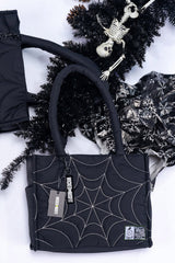 black embroidered spiderweb large puff shoulder tote bag by wicked misfit