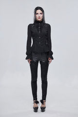 Person wearing a black gothic outfit on a white background