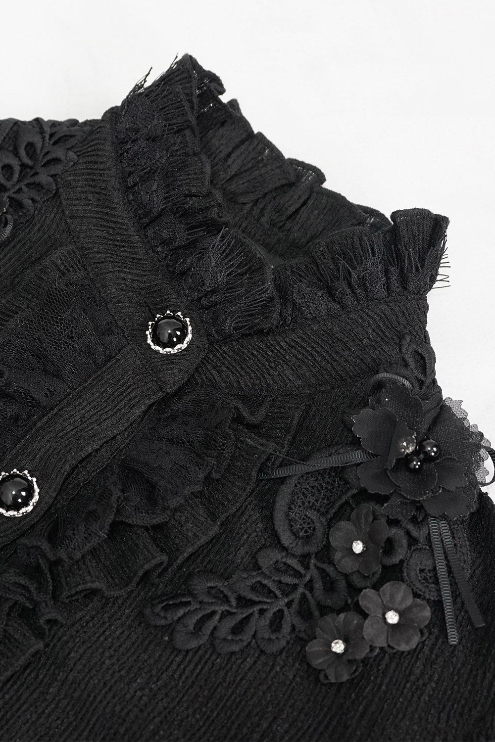lace-up beaded button-down long sleeve victorian top with flower details