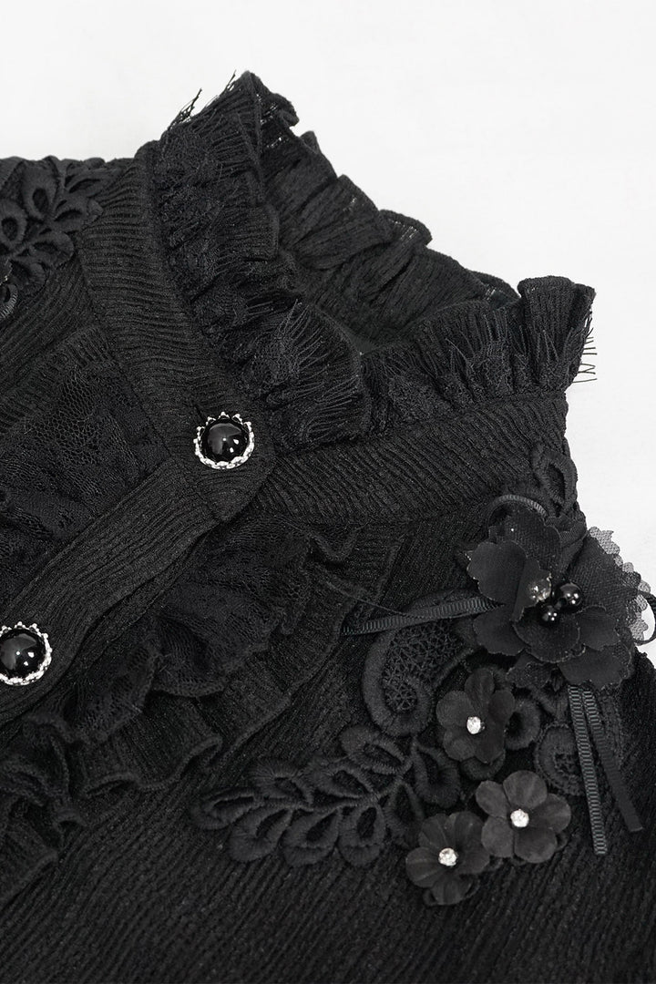 lace-up beaded button-down long sleeve victorian top with flower details