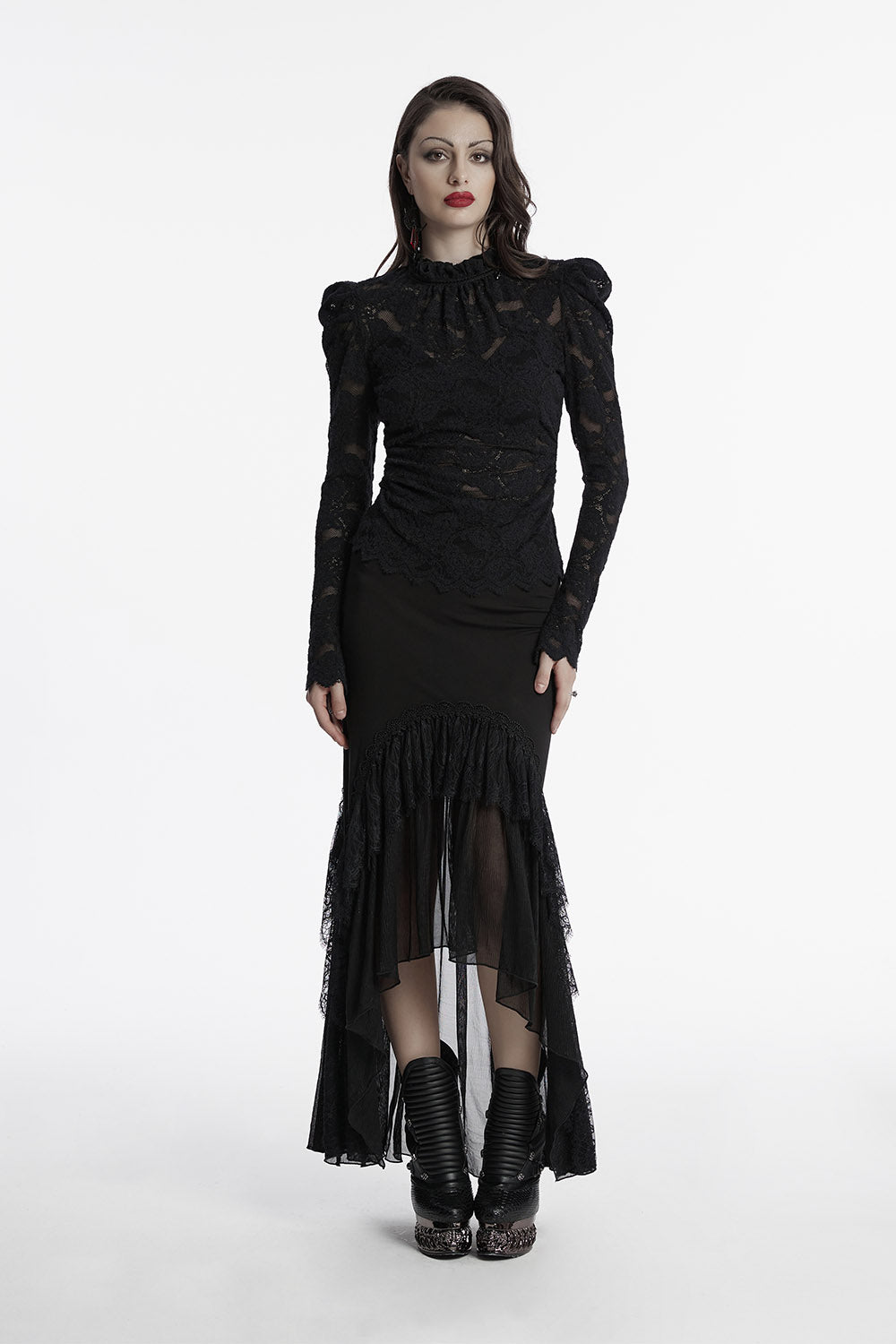 high collar ruffled puff sleeve top