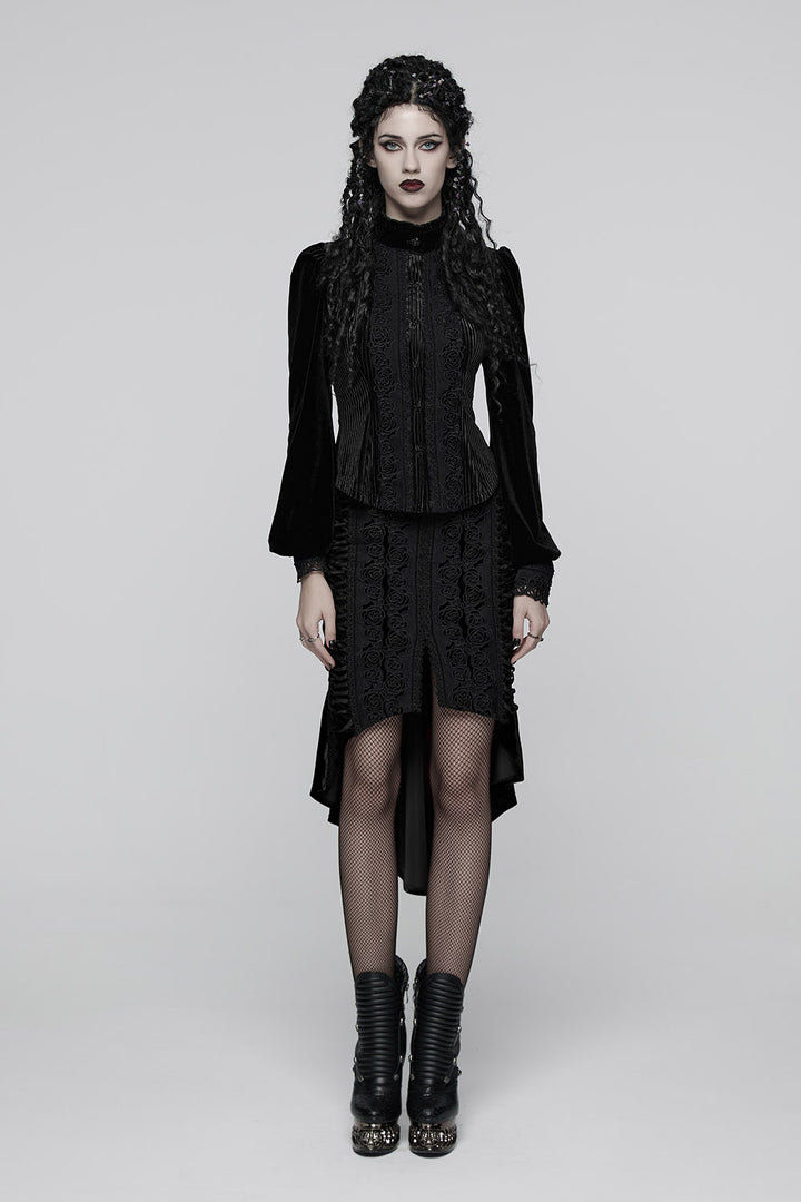 lace-up black velvet leg slit skirt