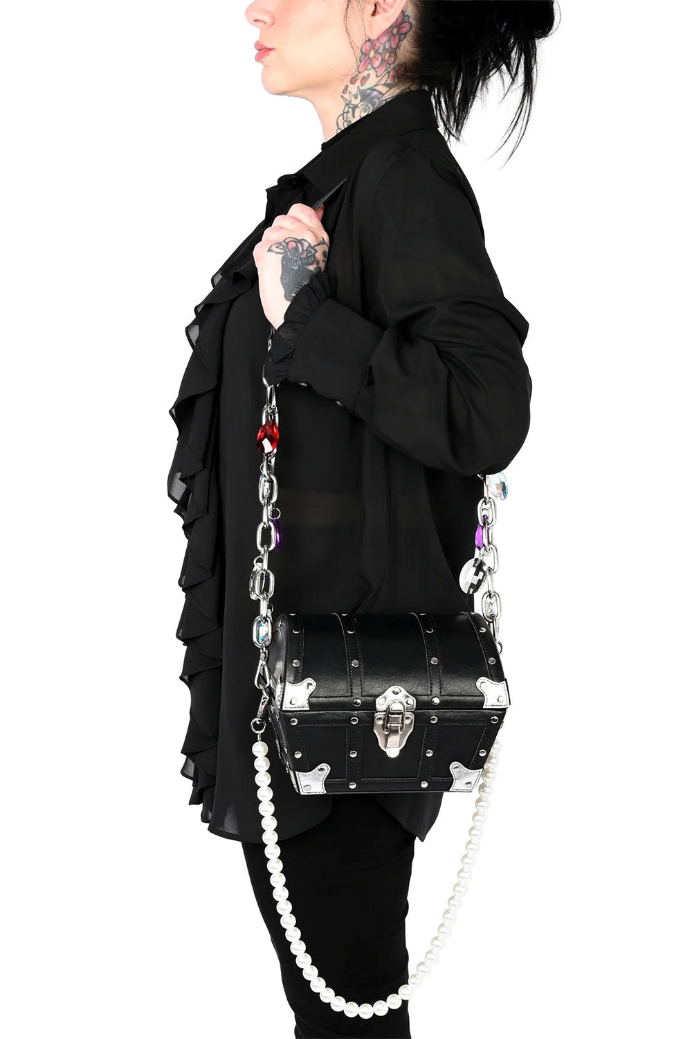 Foxblood black treasure chest shoulder crossbody bag with gem pearl straps