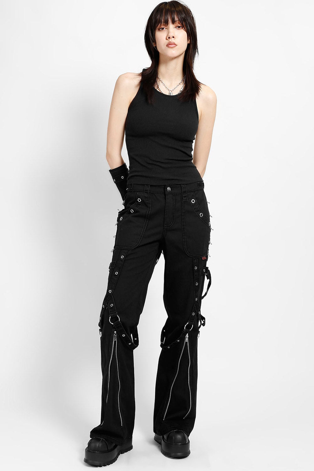 womens straight leg zippered punk tripp pants with piercings 