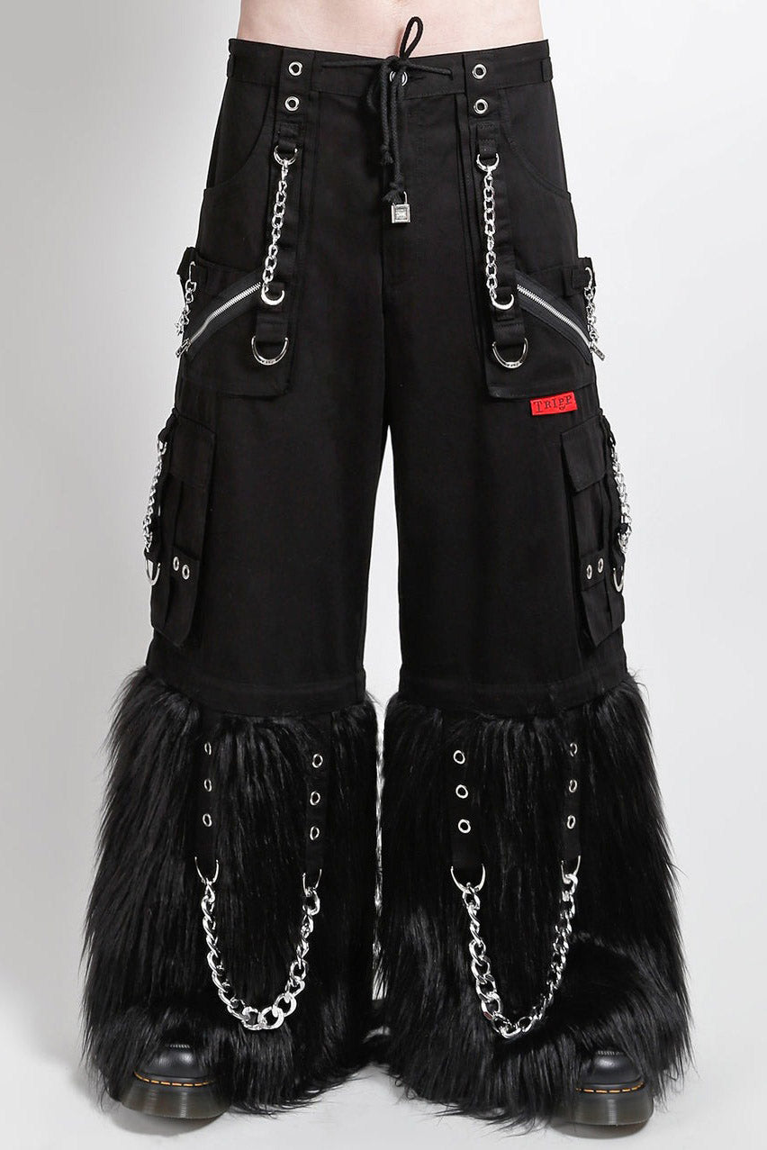 Black gothic-style pants with fur and chains on a white background