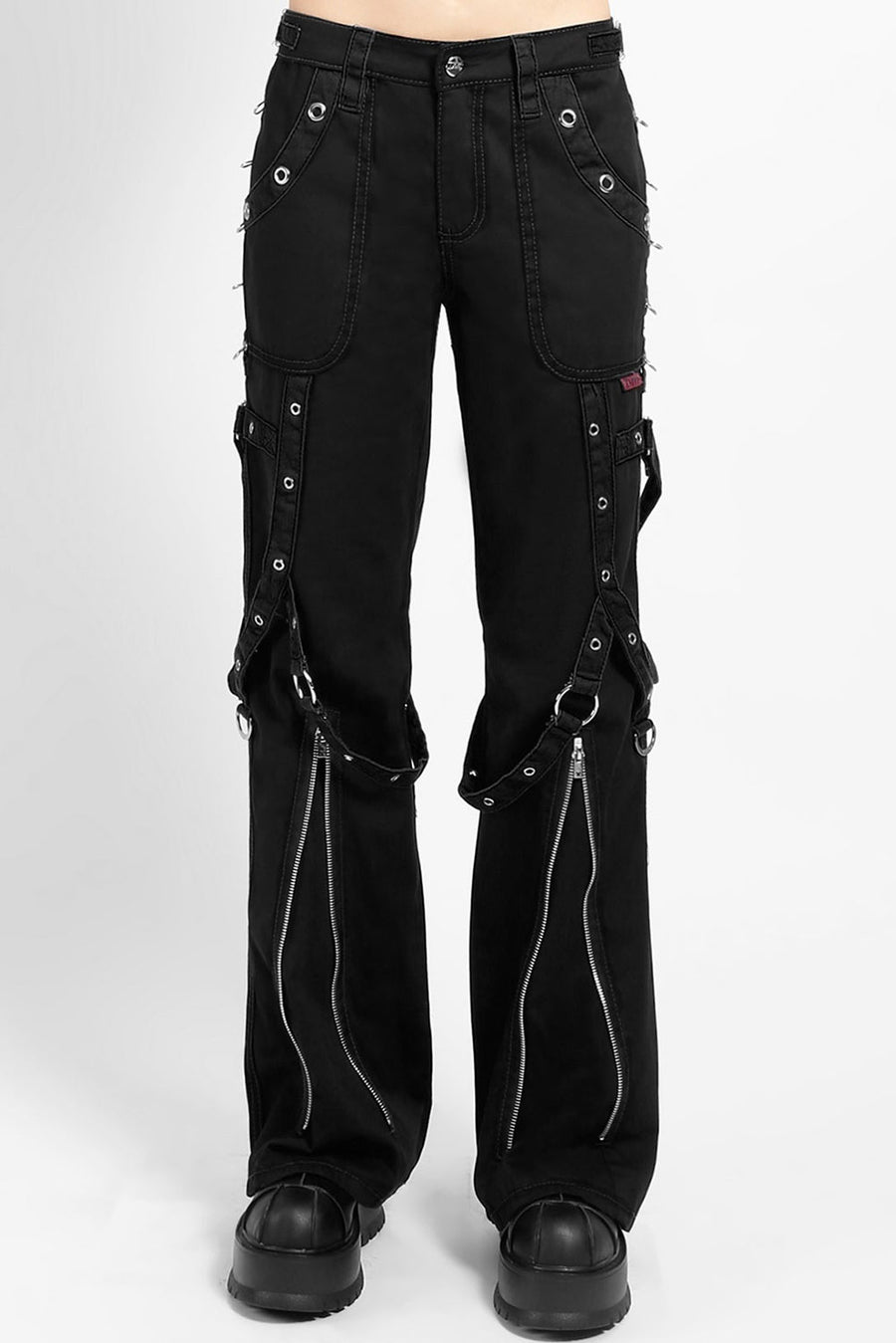 womens straight leg zippered punk tripp pants with piercings  and studs and straps