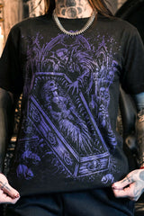 black short sleeve tshirt with purple graphic of dracula and bride in coffin
