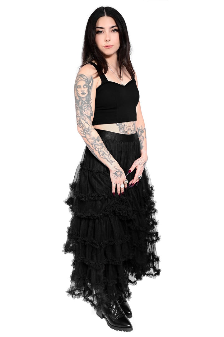 womens tulle midi black skirt