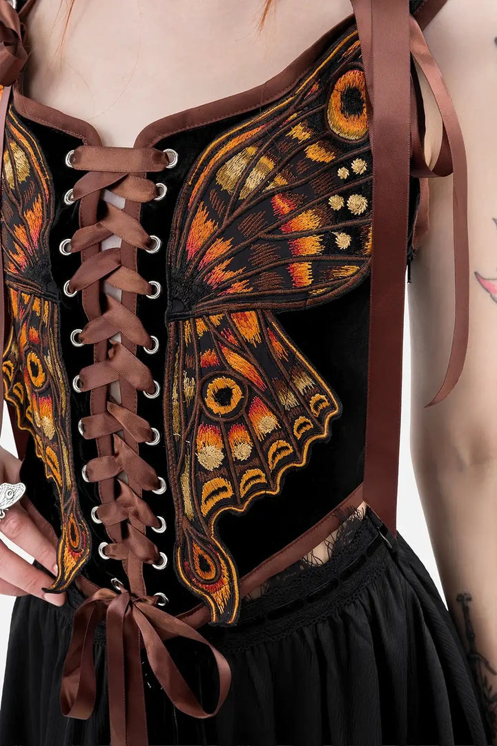 Corset with butterfly design and brown laces on a plain background