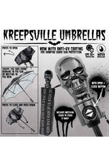 Kreepsville skull handle bat stripe umbrella for gothic outfits alternative fashion and dark romantic aesthetics