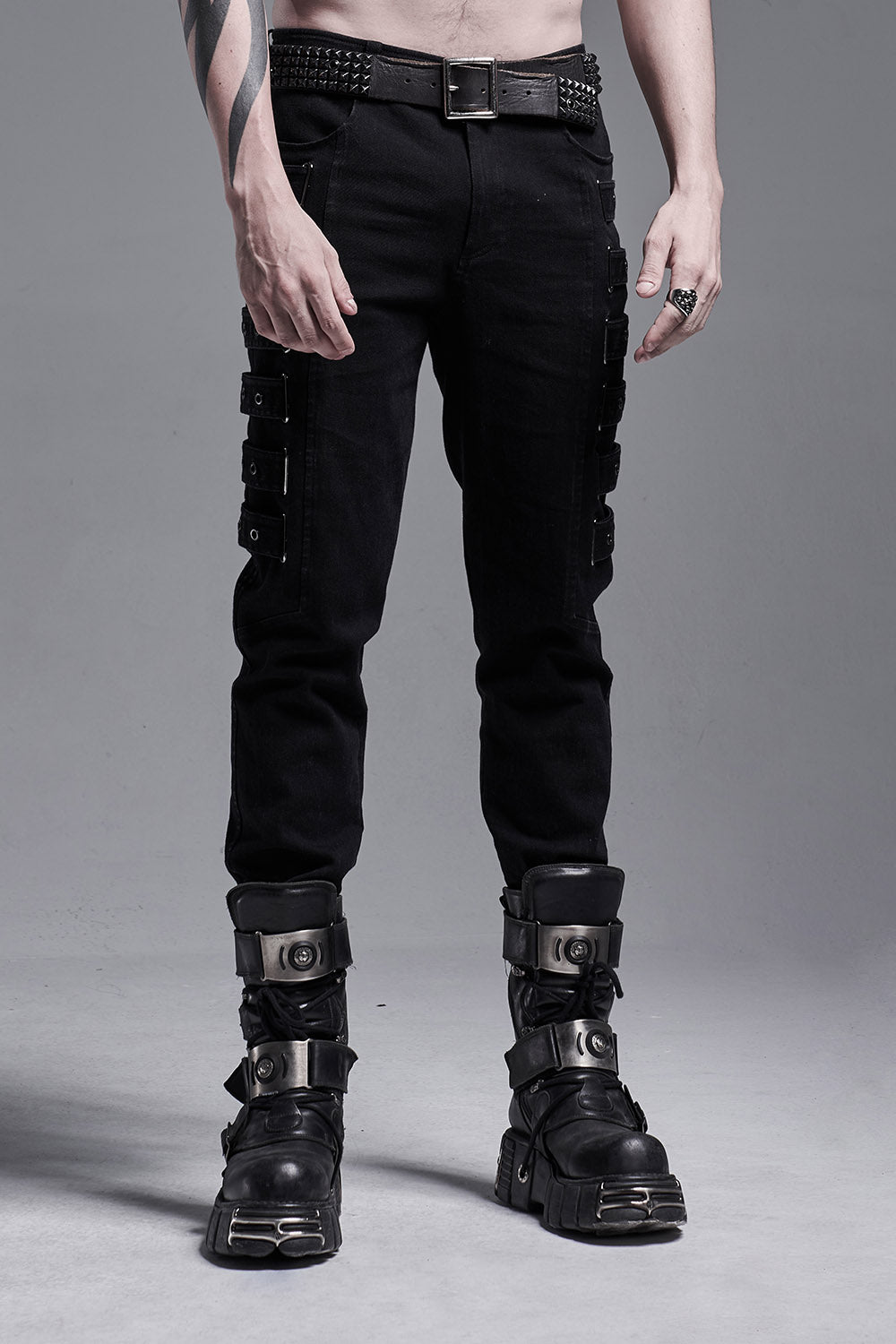 black denim mens gothic pants with straps down the legs