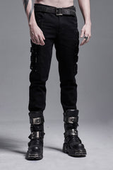 black denim mens gothic pants with straps down the legs