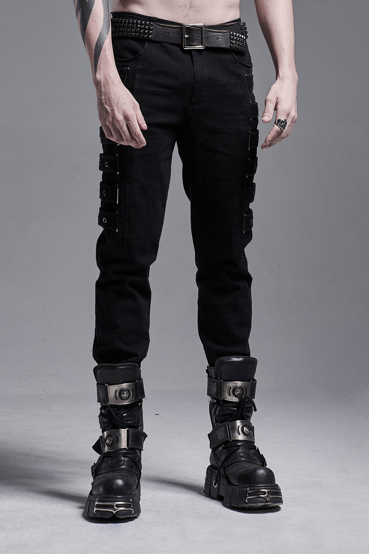 black denim mens gothic pants with straps down the legs