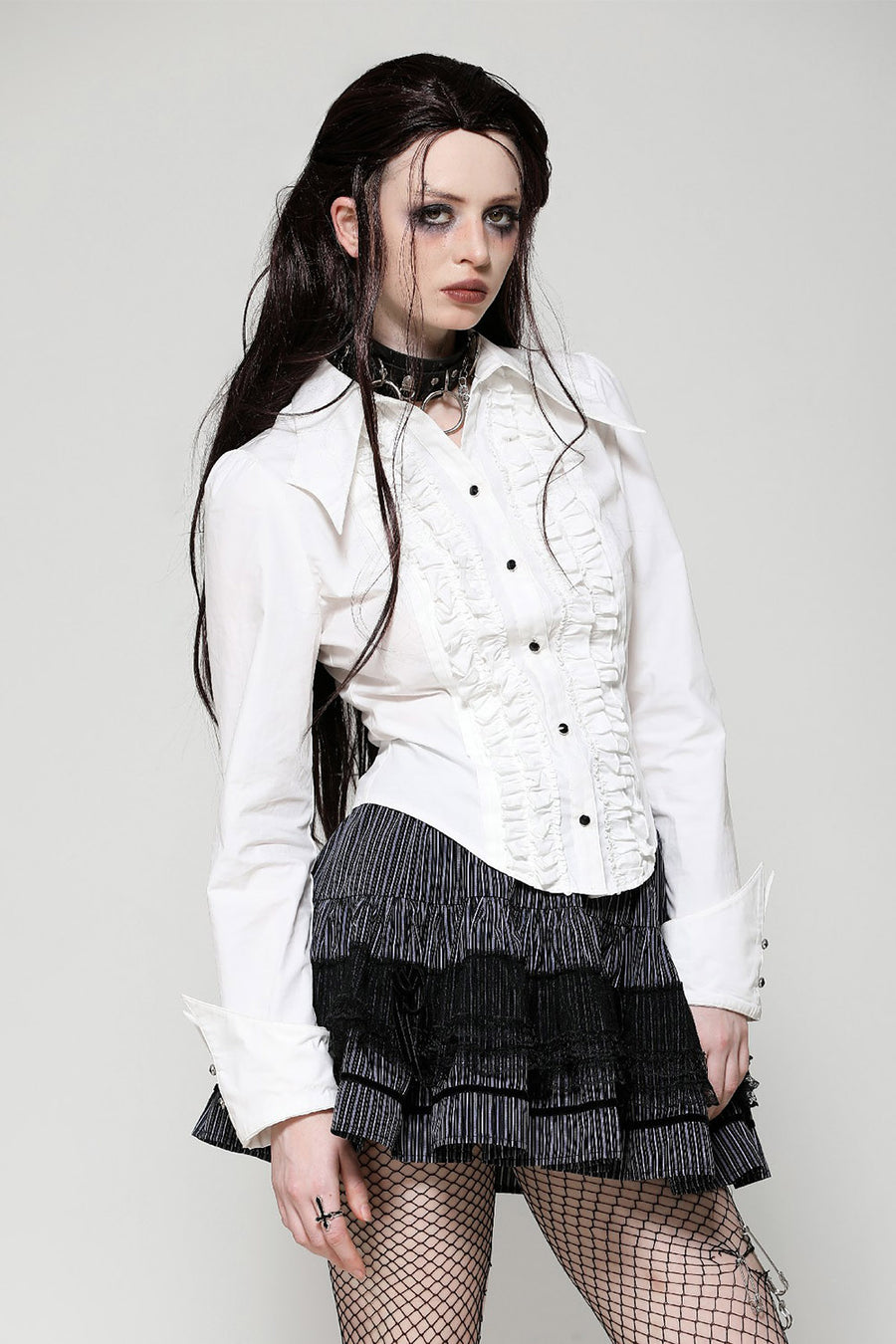 white slim fit ruffled romantic long sleeve button-down top by dark in love