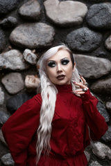 deep rich red pleated gothic long sleeve ruffle blouse