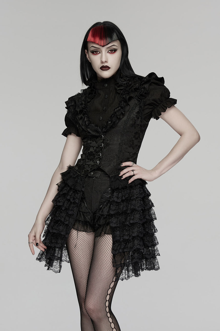 black damask ruffled vest
