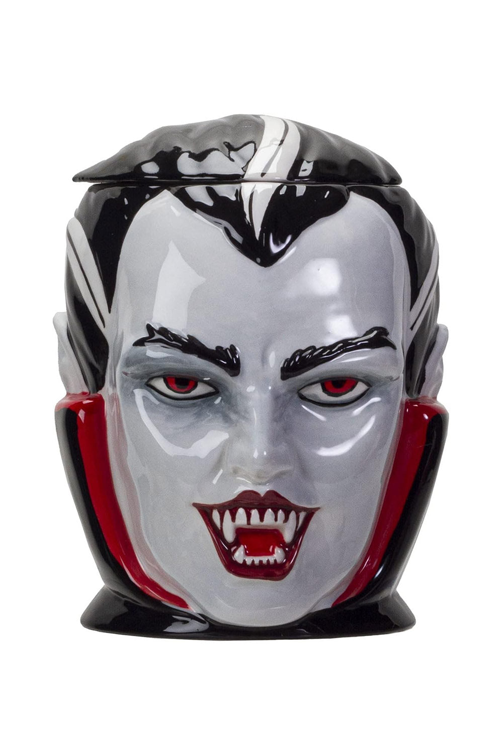 Vampire cookie jar with black, white, blue, and red design on a white background