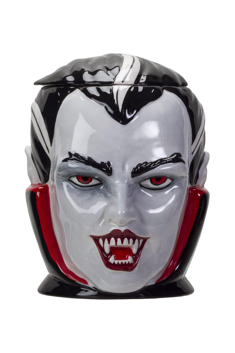 Vampire cookie jar with black, white, blue, and red design on a white background