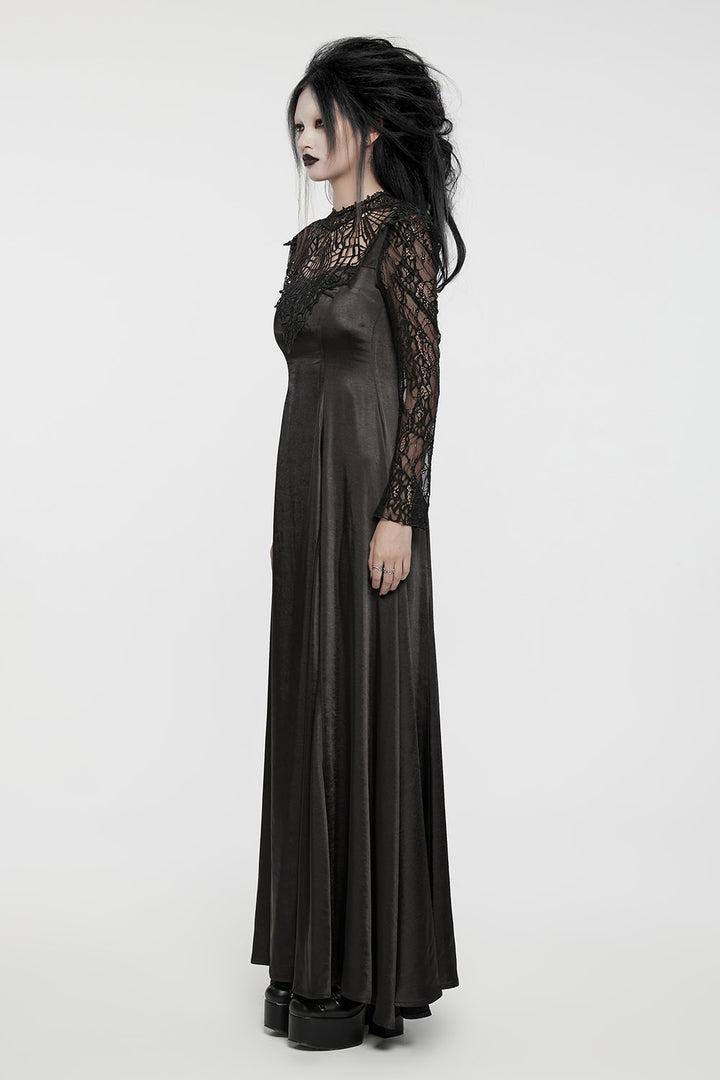 black satin long lace sleeve vampire gown